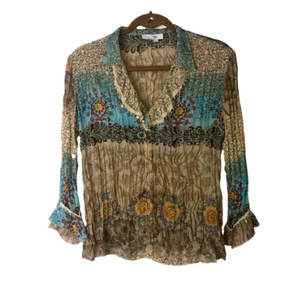 Dressbarn Boho Blouse Top M Button Up Embellished Long Sleeve Flare Cuff Multi